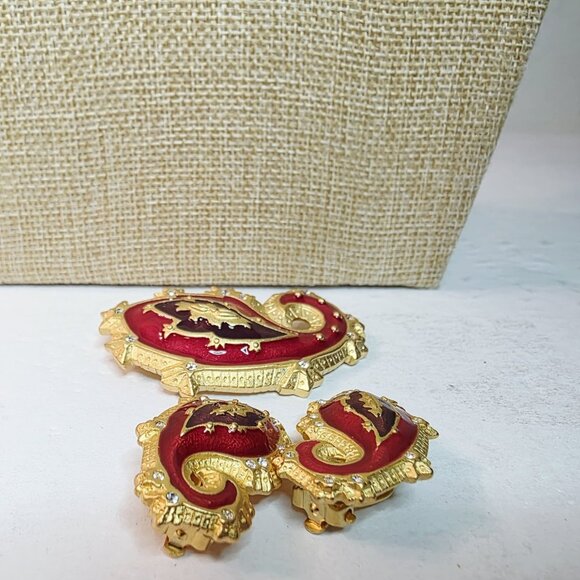 Vtg Bob Makie Red Gold Enamel Paisley Brooch Pin Clip on Earring Set - Picture 3 of 6